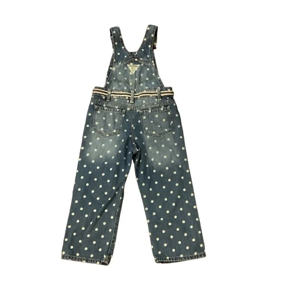 Oshkosh Polka Dot Overalls 3T Blue Denim Bibbed White Circles Tie Belt Vestbak